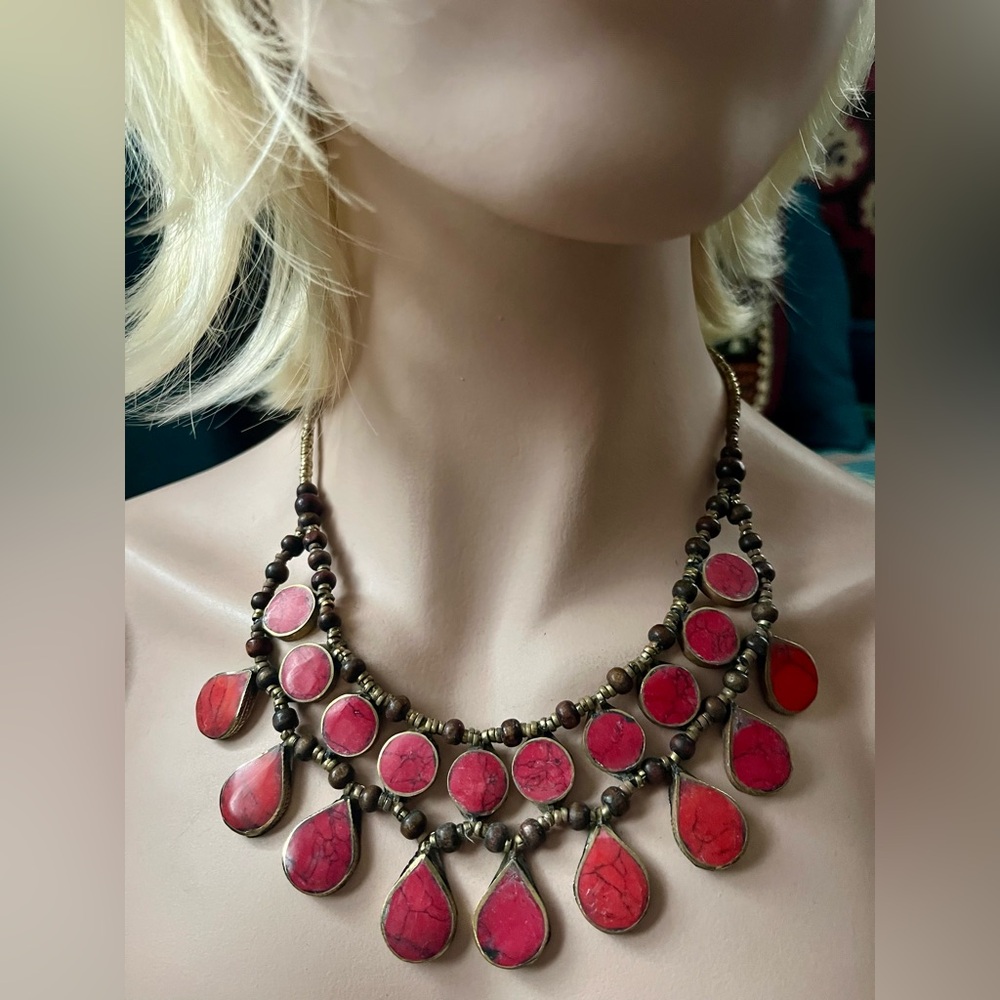 Boho Style Red Coral Teardrop Ethnic Tribal Necklace